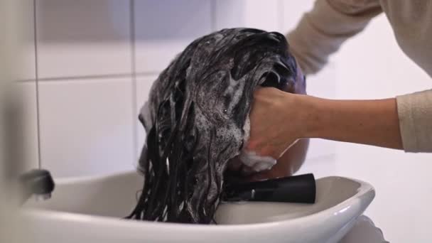 Красива Молода Біла Дівчина Перукарня Миє Довге Коричневе Волосся Промиваючись — стокове відео