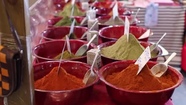 Oriental Powdered Spices Different Varieties Colors Red Clay Plates Lie — Stock Video