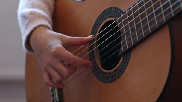 Little Caucasian Girl Unrecognizable Holding Guitar Plucking Strings Her Fingers — Vídeo de Stock