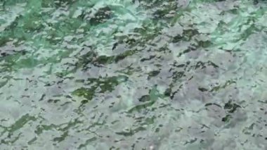 Beautiful view of the sea ripples of azure green water with visible stones at the bottom on a summer day in the south of France, close-up view from above in real motion.