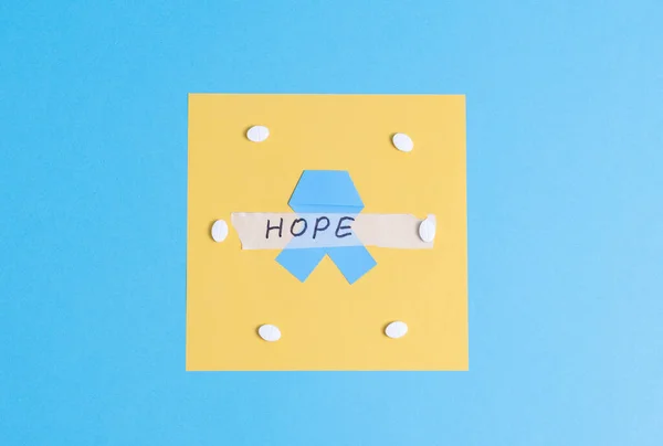 One Blue Paper Ribbon Sheet Paper Pills Sticky Tape Inscription — Stock Photo, Image