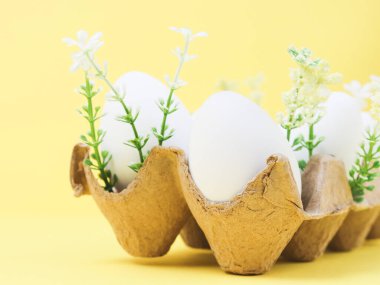 Decorative white eggs in a cardboard box with spring flowers on a yellow background, close-up side view. Happy Easter concept, holiday banner.