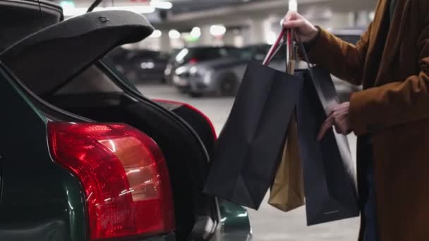 코트를 코카서스 스타일의 트렁크에 물품을 주차장을 가까이 바라보고 방식의 — 비디오