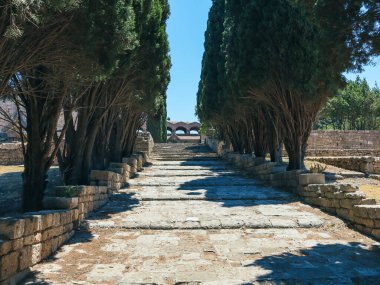 Yunanistan 'ın Rodos adasındaki Filerimos Dağı' ndaki bakirenin tapınağına çıkan antik taş merdivenlerin güzel manzarası, aşağıdan yakın görüntü. Tarihi binalar kavramı.