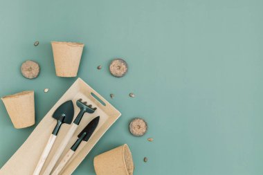 İki spatula, bir tırmık, bir karton tepsi, bir karton cam ve karpuz tohumundan oluşan üç bahçe aleti solda yeşil bir zemin üzerinde duruyor ve sağ tarafta düz bir zemin var. Bahçe işleri, tohum ekme kavramı.