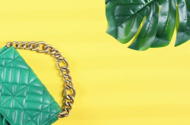 Stylish women's trendy green quilted handbag with a large gold chain and a red tulip in it hangs on the doorknob of an antique white door with little copy space, close-up side view.Fashion accessories concept.