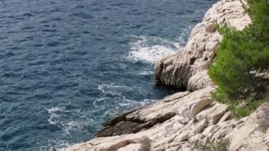 Akdeniz 'in dalgalarının güzel bir görüntüsü Fransa' nın güneyinde ağaçların büyüdüğü bir kayaya çarpıyor, yukarıdan aşağıya yakın bir görüntü, yavaş çekimde ve zoom yaparak..