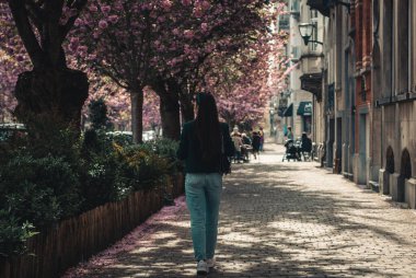 Güneş gözlüklü, yeşil ceketli, güzel, beyaz tenli bir kız şehrin kaldırımında yürür, çiçek açan sakura ağaçlarıyla, yakından bakar..