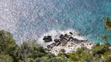 İtalya 'nın Tiran Denizi' ndeki kıyı kayalıklarındaki dalgaların güzel manzarası yaz güneşli bir günde, yukarıdan yakın bir manzara..