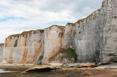 Kuzey denizindeki deniz kıyısındaki uçurumun güzel manzarası etretat, normandiya, Fransa, yakın çekim kenarı. Arkaplanları, duvar kağıtlarını, dokuları kavramsallaştır.