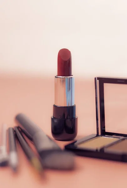 One Red Lipstick Beige White Background Blurry Set Female Cosmetics — Stok Foto