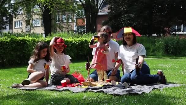 Uma Bela Família Europeia Chapéus Óculos Sol Bandeira Belga Bebe — Vídeo de Stock