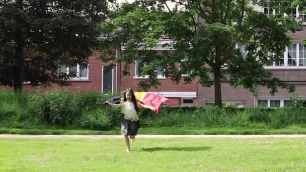在一个阳光明媚的夏日 一个漂亮的小女孩在公园里挥动比利时国旗 侧看近景 比利时日概念 — 图库视频影像
