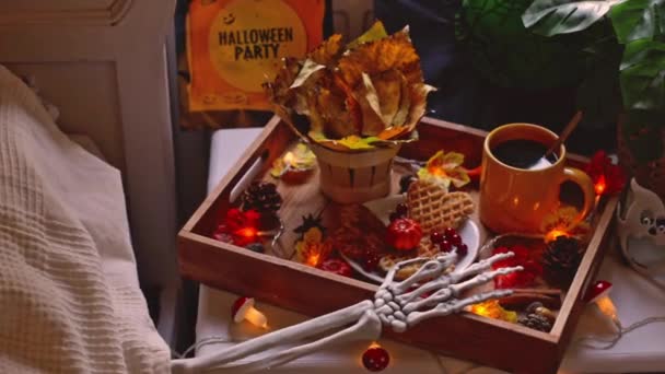 Skeleton Hand Reaching Blanket Wooden Tray Mug Coffee Waffles Saucer — Stock Video