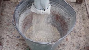 Ezilmiş hayvan yemi eski bir çinko kovaya dökülüyor. Bir yaz akşamı kırsal bir arka bahçede kumaş öğütücüsünün kolundan. Yukarıdan yakın bir manzara..