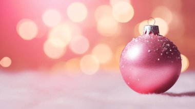 Güzel, yumuşak, pembe bir Noel ağacı topu ladin karının üzerinde duruyor. Sol tarafta fotokopi alanı var. Arka planda ise bulanık bokeh var..