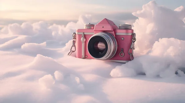 One pink camera stands on soft pink clouds in the sky, close-up side view.