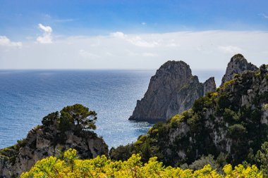 İtalya 'nın Capri adasında güneşli bir yaz gününde, kayalık kayalıkları ve ağaçlı dağları ve sarı çiçekleri olan mavi Tyrhenian denizinin güzel manzarası..