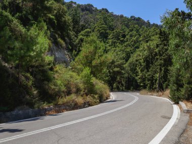 Beautiful panoramic view of a winding asphalt road in a coniferous forest leading down from the Filerimos mountain in Greece on a sunny summer day, close-up side view. clipart