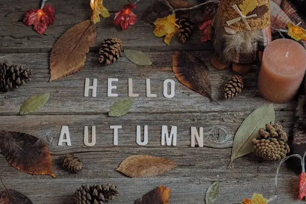 Mumlar, eşarp, çelenk ve sonbahar yapraklı ahşap harflerden gelen 