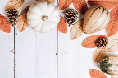 Çeşitli kabaklar, çam kozalakları ve renkli sonbahar yaprakları sağ tarafta beyaz ahşap bir masanın üzerinde uzanıyor. Fotokopi odası bir sonbahar günü evde, mutfakta solda, fotokopi alanı ile düz bir şekilde uzanıyor.