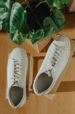 Bir çift güzel beyaz, klasik dantelli spor ayakkabı, güneşli bir günde bir ev mağazasının kapısının yakınındaki hasır bir tencerede çiçekli, modaya uygun kare tahta kutuların üzerinde duruyor, tarlanın derinliği ile düz bir şekilde uzanıyor. Kadın ayakkabısı konsepti, dürtme