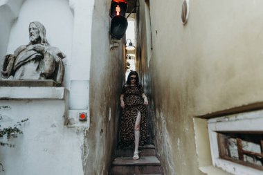 Güneş gözlüklü, üzerinde hayvan izi olan bir elbise giyen beyaz tenli güzel bir kızın portresi dar bir antik caddenin merdivenlerinden aşağı iner.