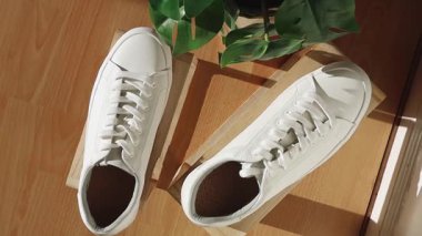 Bir çift güzel beyaz klasik spor ayakkabı ahşap vitrin kutuları üzerinde durur. Güneşli bir günde, bir ev mağazasının kapısının yanında bir saksı çiçek bulunur. Dairesel dönüşümlü düz bir şekilde uzanır.