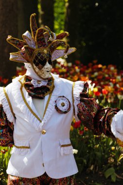 Grand Bigard Şatosu, Belçika - 27 Nisan 2025. Renkli Venedik kostümlü bir adamın belden yukarı portresi ve parktaki turistleri karşılayan soyut bir maske. Öğleden sonra Maya 'lara adanmış bir sergi sırasında bulanık bir lale tarlasına karşı.