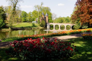 Şatonun halka açık parkında, güneşli bir ilkbaharda, yan görüntüde kuleleri olan, ana giriş kapısına uzanan kemerli, eski bir tuğla köprünün arka planındaki çiçek açan lalelerin güzel manzarası..