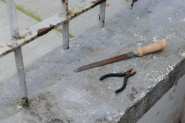 Eski bir pense ve bir dosya bir bahar günü arka bahçedeki beton pencere pervazında duruyor. Üst taraf manzaralı, orta ölçekli. Konsept inşaat araçları, ilkbahar çalışmaları.