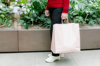 Kırmızı bluzlu, siyah pantolonlu, üzerinde yazıtlar için yeri olan iki adet pembe alışveriş torbası olan, bir bahar günü alışveriş merkezinde duran, beyaz, son sınıf öğrencisi bir kadının portresi. Kavram, alışveriş zamanı, emeklilik hayatı.