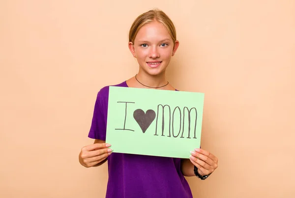 Little Caucasian Girl Holding Love Mom Placard Isolated Beige Background — Stock Photo, Image