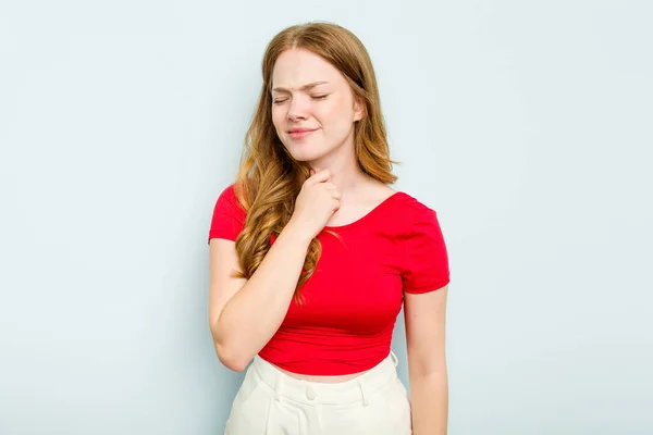 Jonge Blanke Vrouw Geïsoleerd Blauwe Achtergrond Lijdt Pijn Keel Als — Stockfoto