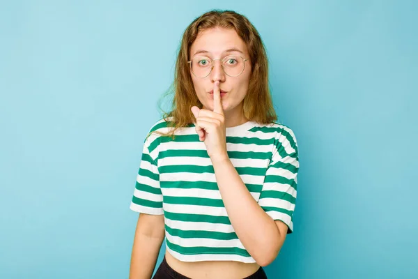 Young Caucasian Woman Isolated Blue Background Keeping Secret Asking Silence — Stock Photo, Image