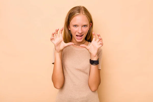 Caucasian Teen Girl Isolated Beige Background Showing Claws Imitating Cat — Stock Photo, Image