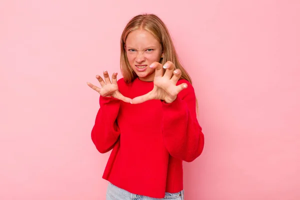 Caucasian Teen Girl Isolated Pink Background Showing Claws Imitating Cat — Stock Photo, Image