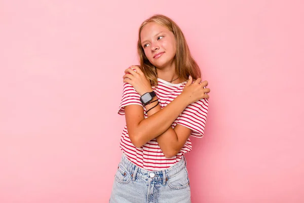 Caucasian Teen Girl Isolated Pink Background Hugs Smiling Carefree Happy — Stock Photo, Image