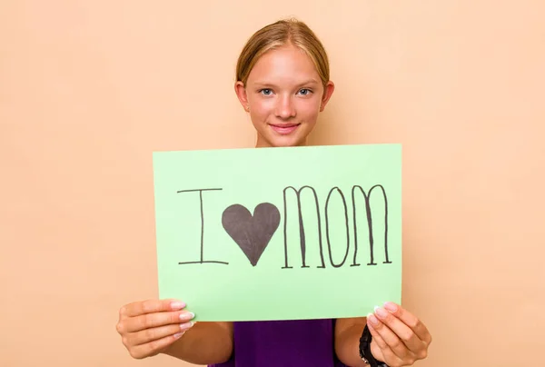 Little Caucasian Girl Holding Love Mom Placard Isolated Beige Background — Stock Photo, Image