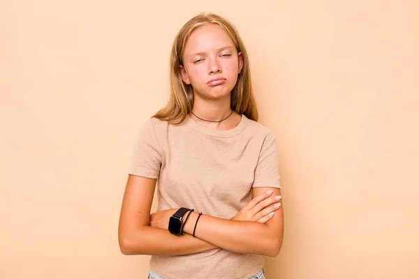 Blank Tiener Meisje Geïsoleerd Beige Achtergrond Moe Van Een Repetitieve — Stockfoto