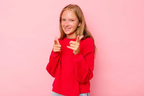 Caucasian Teen Girl Isolated Pink Background Pointing Front Fingers — Stock Photo, Image