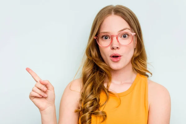 stock image Portrait of pretty young caucasian wearing glasses woman isolated on blue background