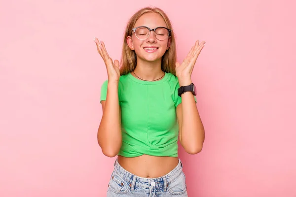 Caucasian Teen Girl Isolated Pink Background Joyful Laughing Lot Happiness — Stock Photo, Image