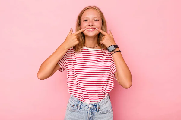Caucasian Teen Girl Isolated Pink Background Smiles Pointing Fingers Mouth — Stock Photo, Image
