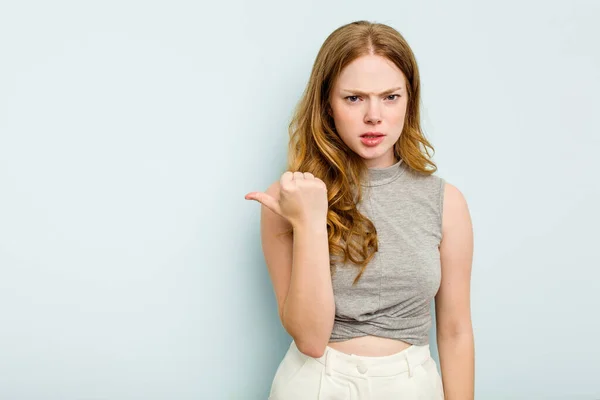 Young Caucasian Woman Isolated Blue Background Shocked Pointing Index Fingers — Stock Photo, Image