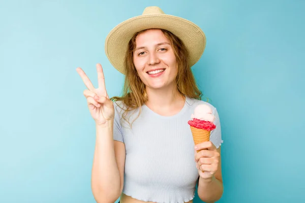 Young Caucasian Woman Holding Ice Cream Isolated Blue Background Joyful — Stock Photo, Image