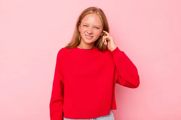 Caucasian Teen Girl Isolated Pink Background Covering Ears Fingers Stressed — Stock Photo, Image
