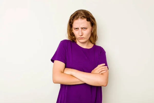 Young Caucasian Woman Isolated White Background Frowning Face Displeasure Keeps — Stock Photo, Image