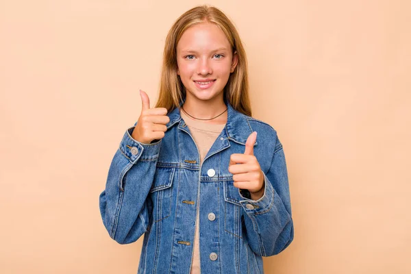 Caucasian Teen Girl Isolated Beige Background Raising Both Thumbs Smiling — Stock Photo, Image
