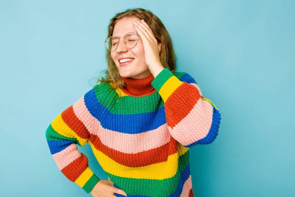 Young Caucasian Woman Isolated Blue Background Joyful Laughing Lot Happiness — Stock Photo, Image